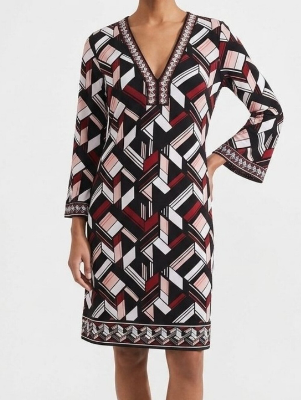 $130 WHITE HOUSE BLACK GEO PRINT TUNIC DRESS SPLIT V-NECK PINK Embroidered XL